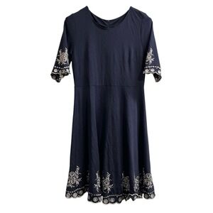 Miusol‎ Dress Womens XXL Blue Jersey Knit Embroidered Floral Scallop Midi Event